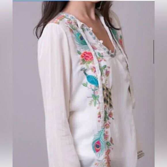 Johnny Was Peacock Sable Embroidered White Blouse with Floral Accents - Picture 2 of 9